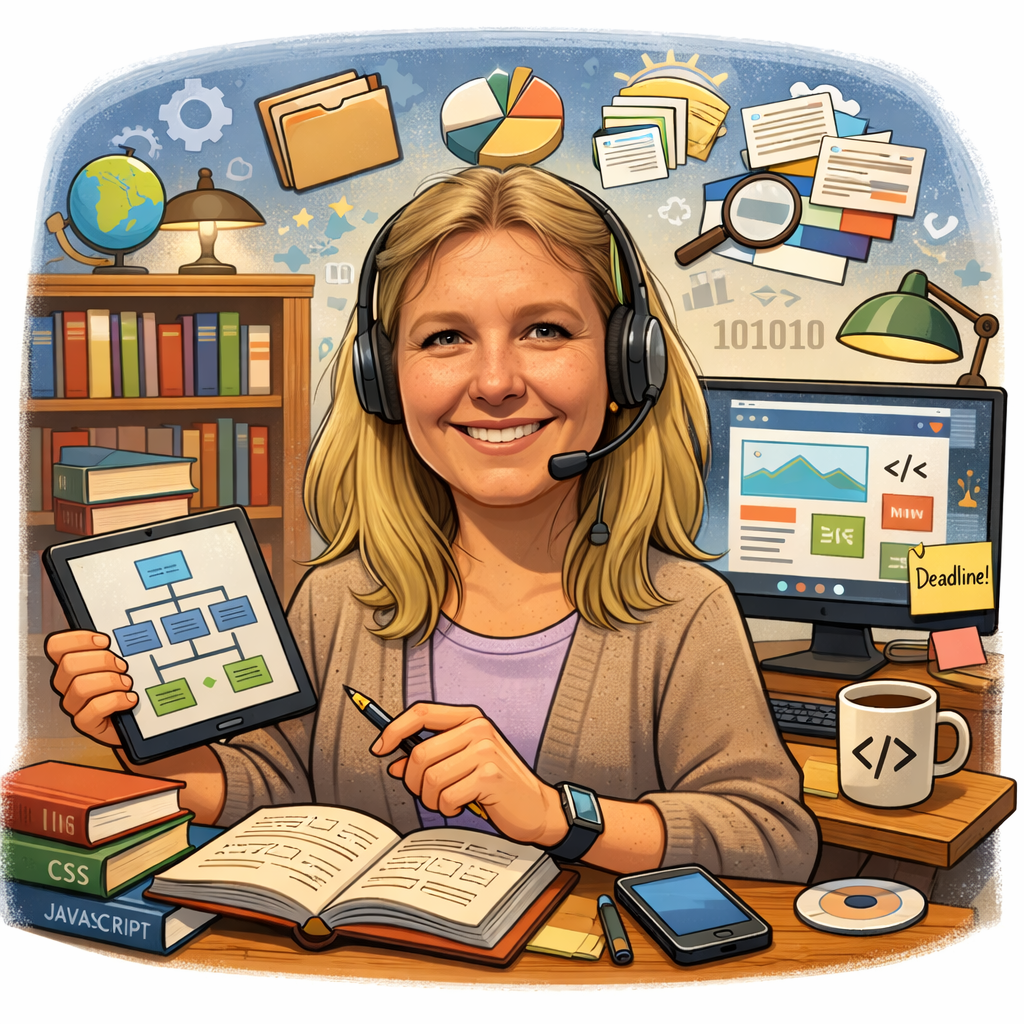 Cartoon illustration of Tara working at a computer